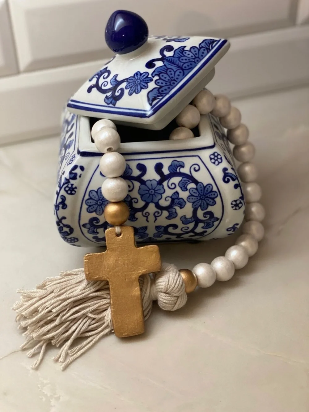 Small Blessing Bead Garland with Cross and Tassel  Materials: Wood  Beads, Clay,
